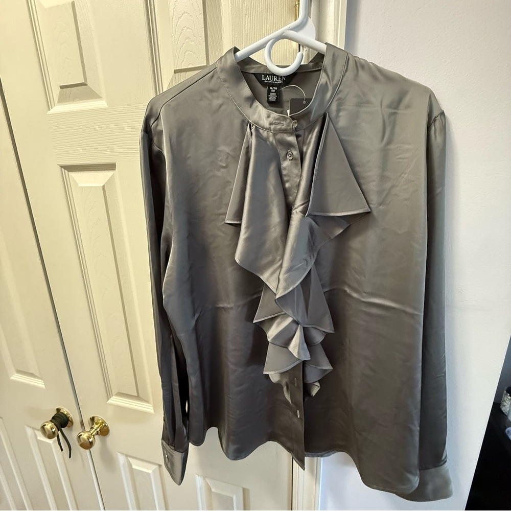 Ralph Lauren grey  Ruffled Mandarin Collar Blouse